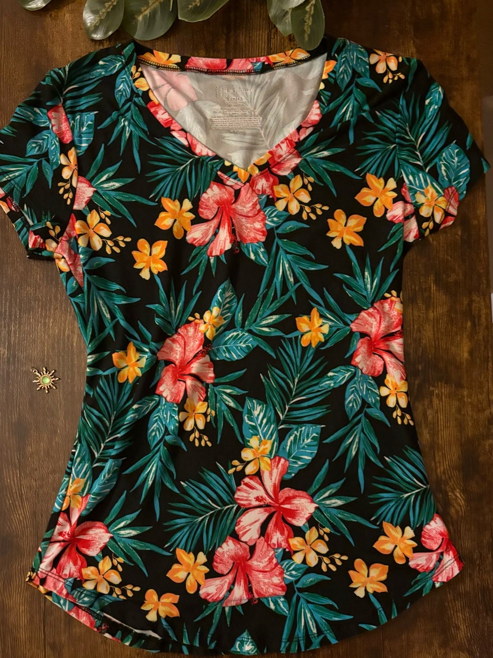 No Boundaries Black V-Neck Tee with Coral & Yellow Floral Print